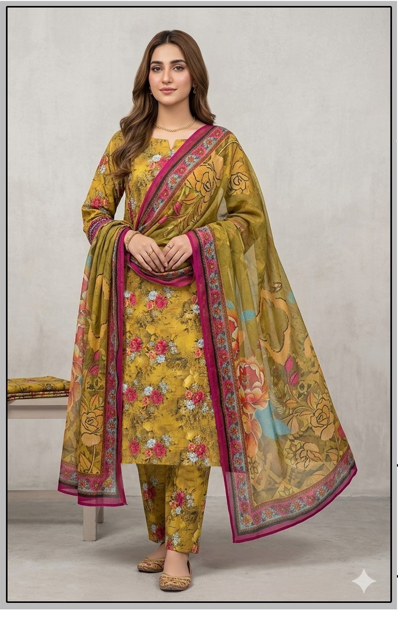 Bin Saeed Premium Lawn 3-Piece Suit - Tulip Digital Floral Print - Olive