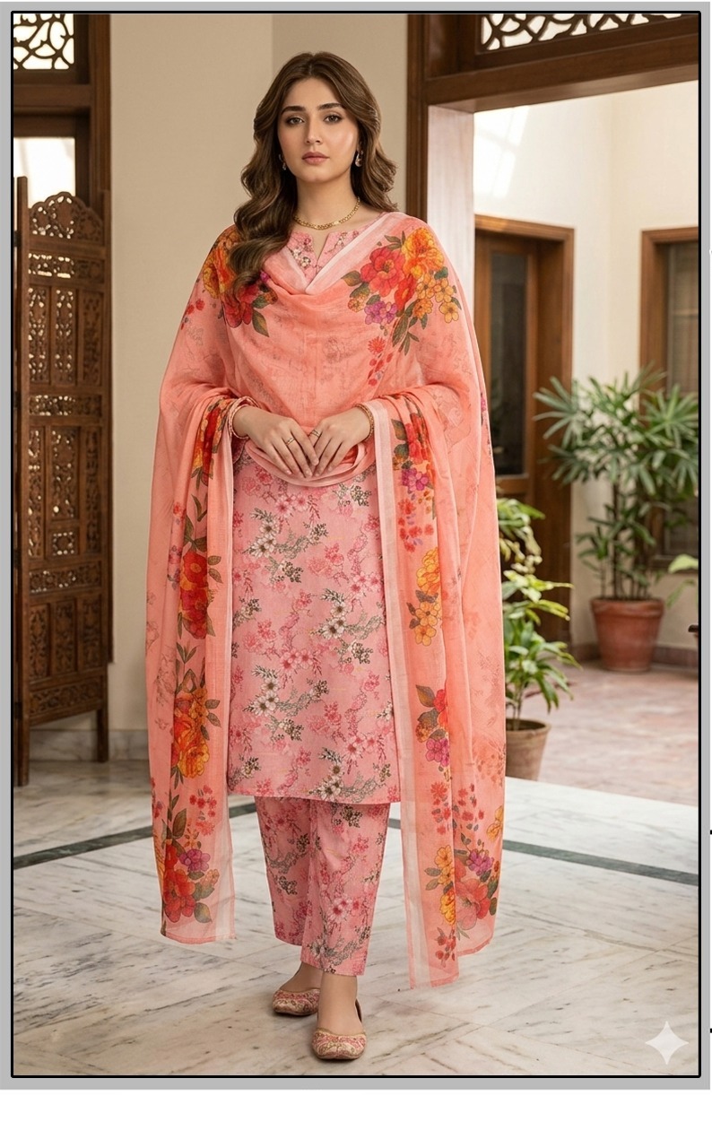Bin Saeed Premium Lawn 3-Piece Suit - Tulip Digital Floral Print - PeachPuff