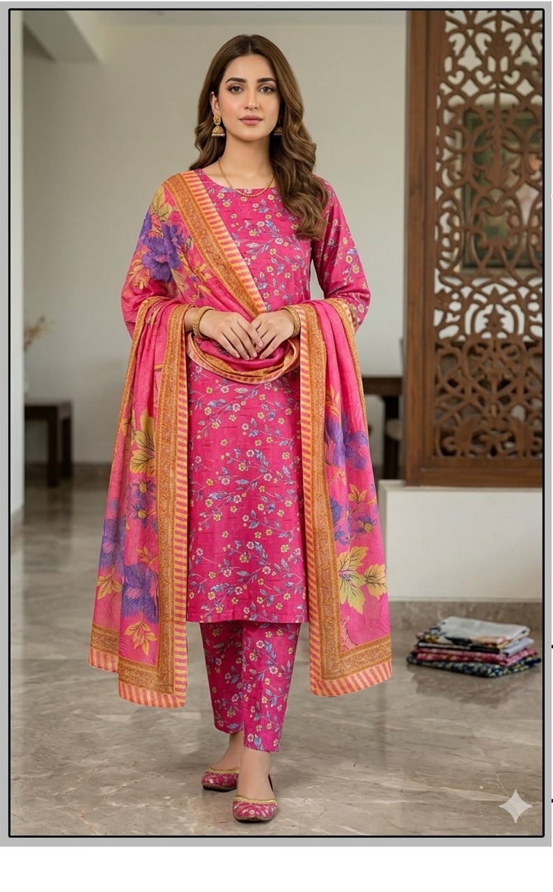 Bin Saeed Premium Lawn 3-Piece Suit - Tulip Digital Floral Print - Magenta