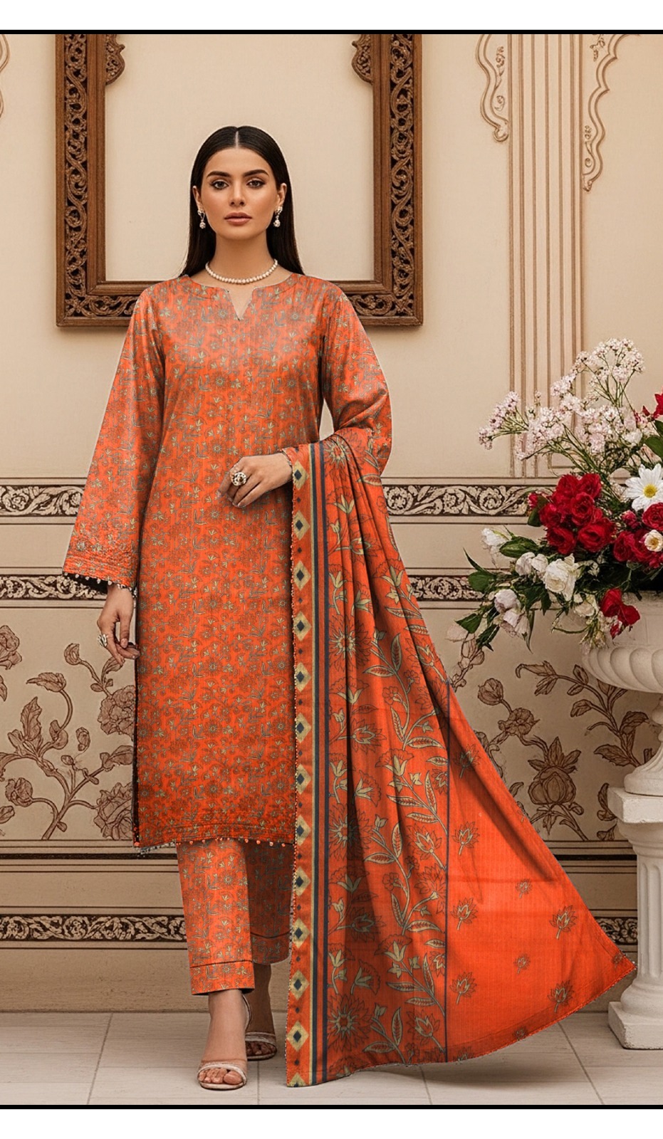 Bin Saeed Bakht Bhari Dora - Digital Printed 3-Piece Suit - DarkOrange