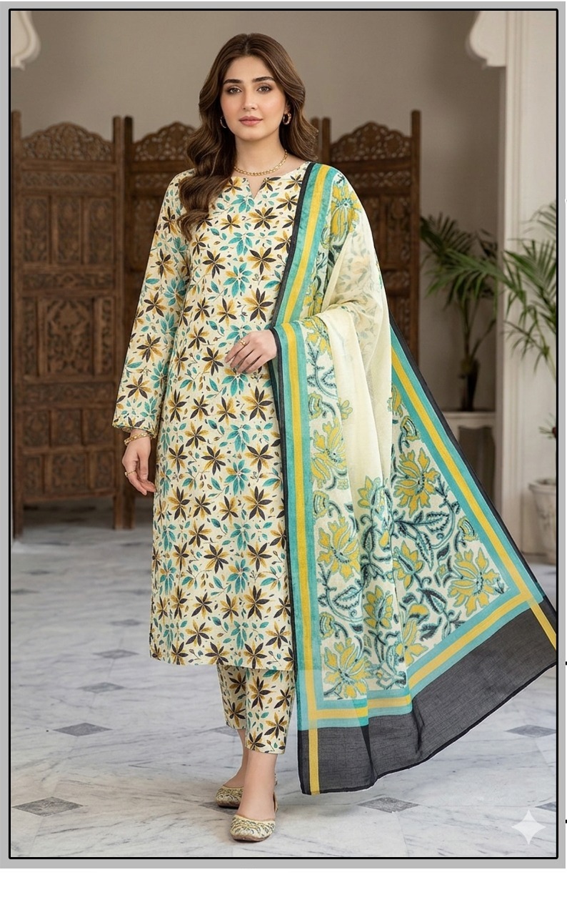 Bin Saeed Premium Lawn 3-Piece Suit - Tulip Digital Floral Print - Ivory