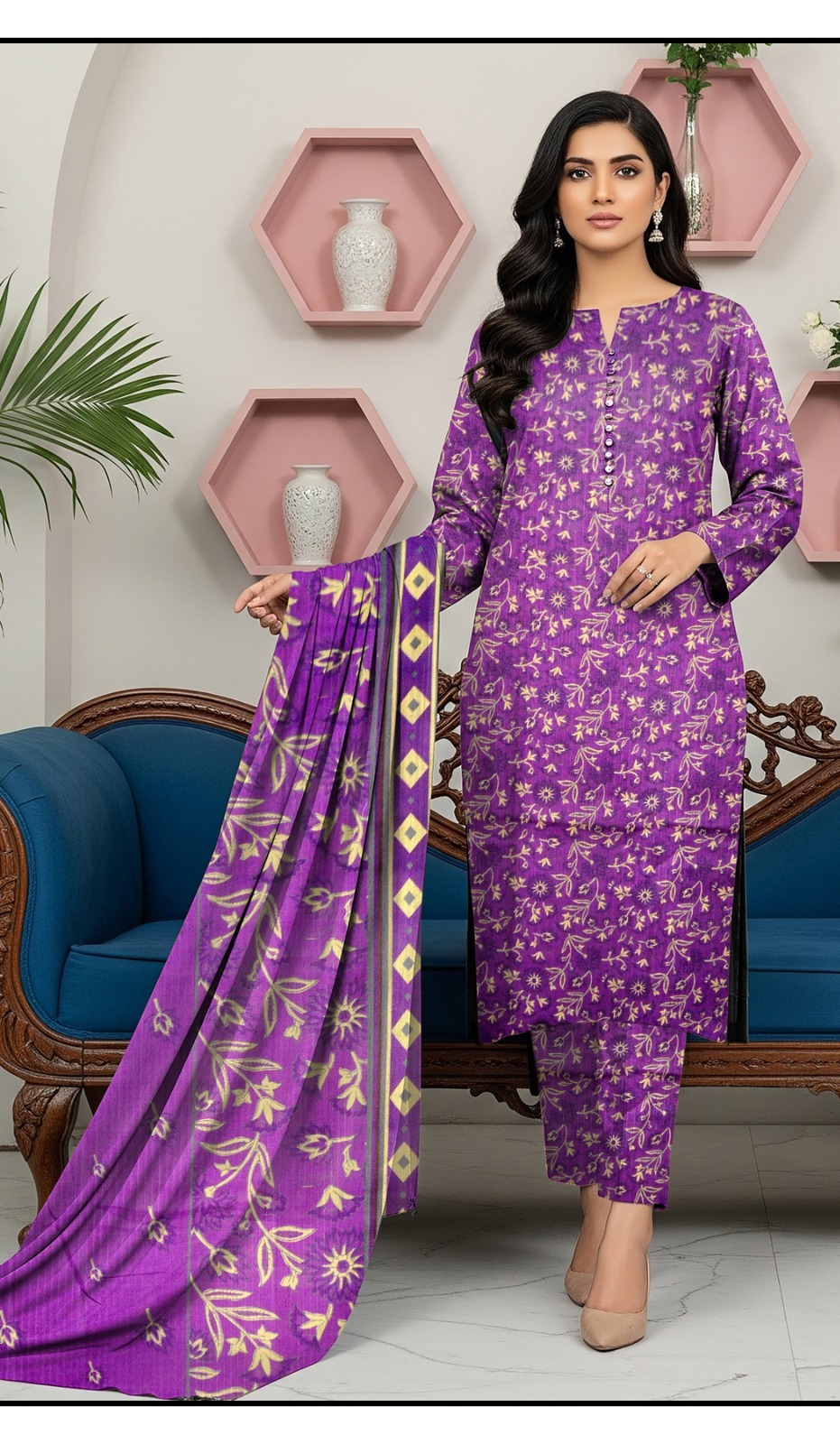 Bin Saeed Bakht Bhari Dora - Digital Printed 3-Piece Suit - Purple