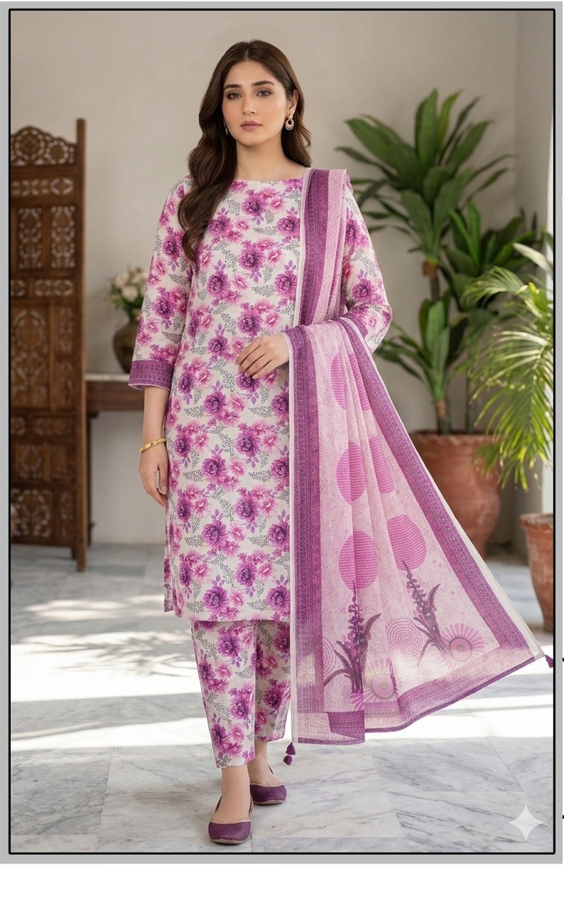 Bin Saeed Premium Lawn 3-Piece Suit - Tulip Digital Floral Print - Lavender