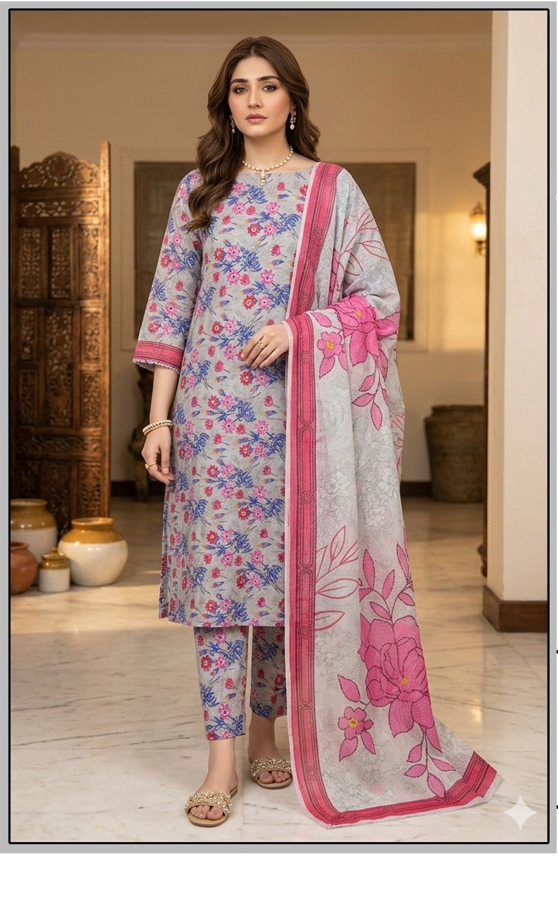 Bin Saeed Premium Lawn 3-Piece Suit - Tulip Digital Floral Print - SkyBlue